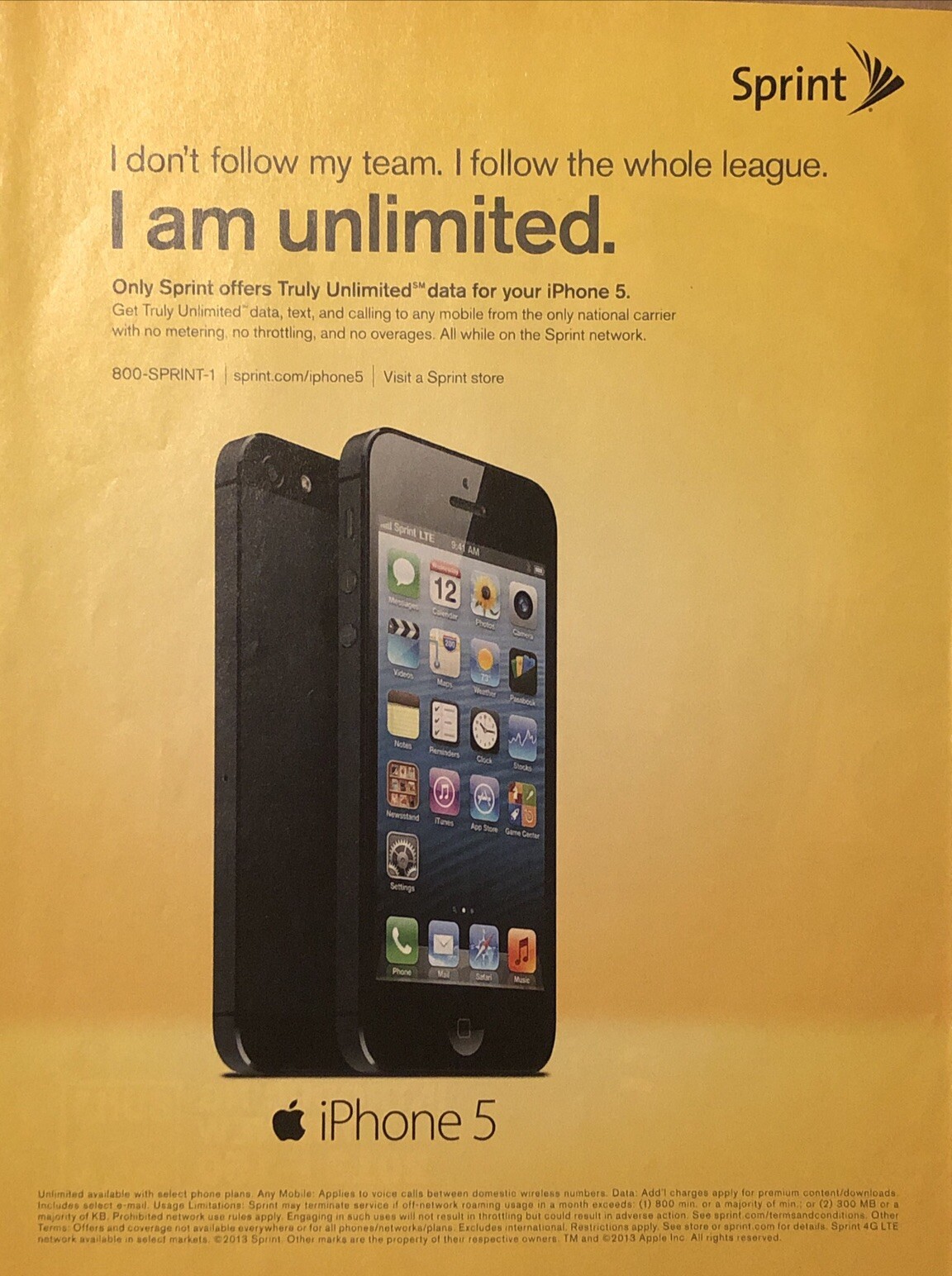 2013 Apple iPhone 5 PRINT AD Only Sprint Truly Unlimited Data - I Am Unlimited