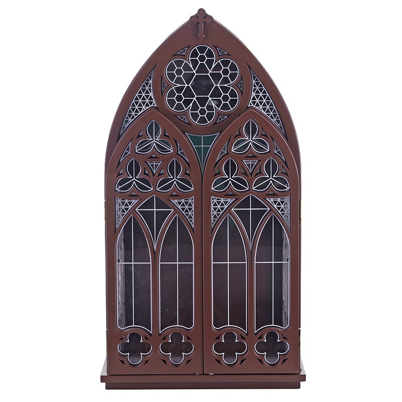 Gothic Reliquary Wooden Cabinet Walnut Stain Tabletop Decor Religious Collection
