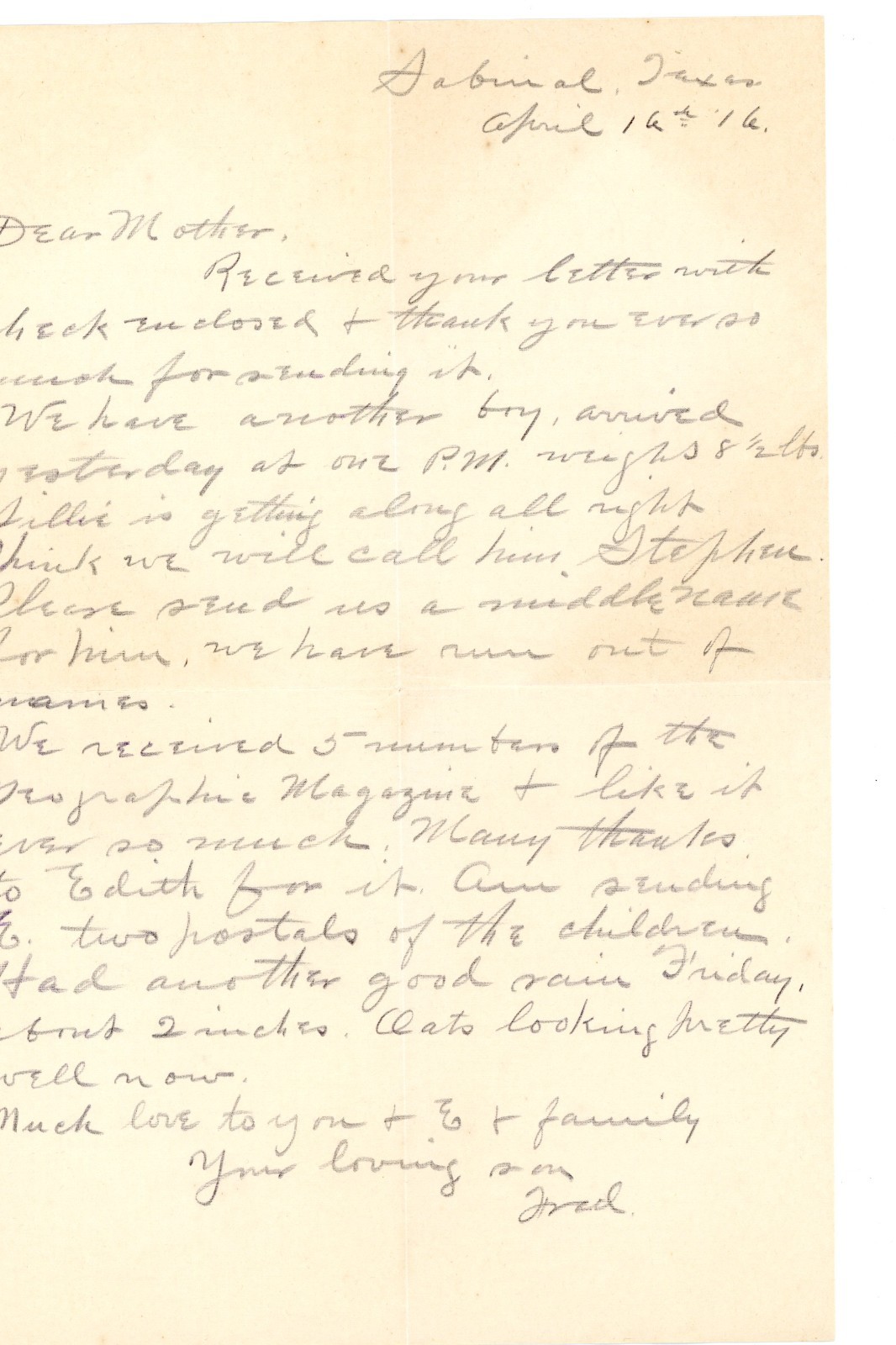1916 Letter from Sabinal, Texas – Birth Announcement and Family News