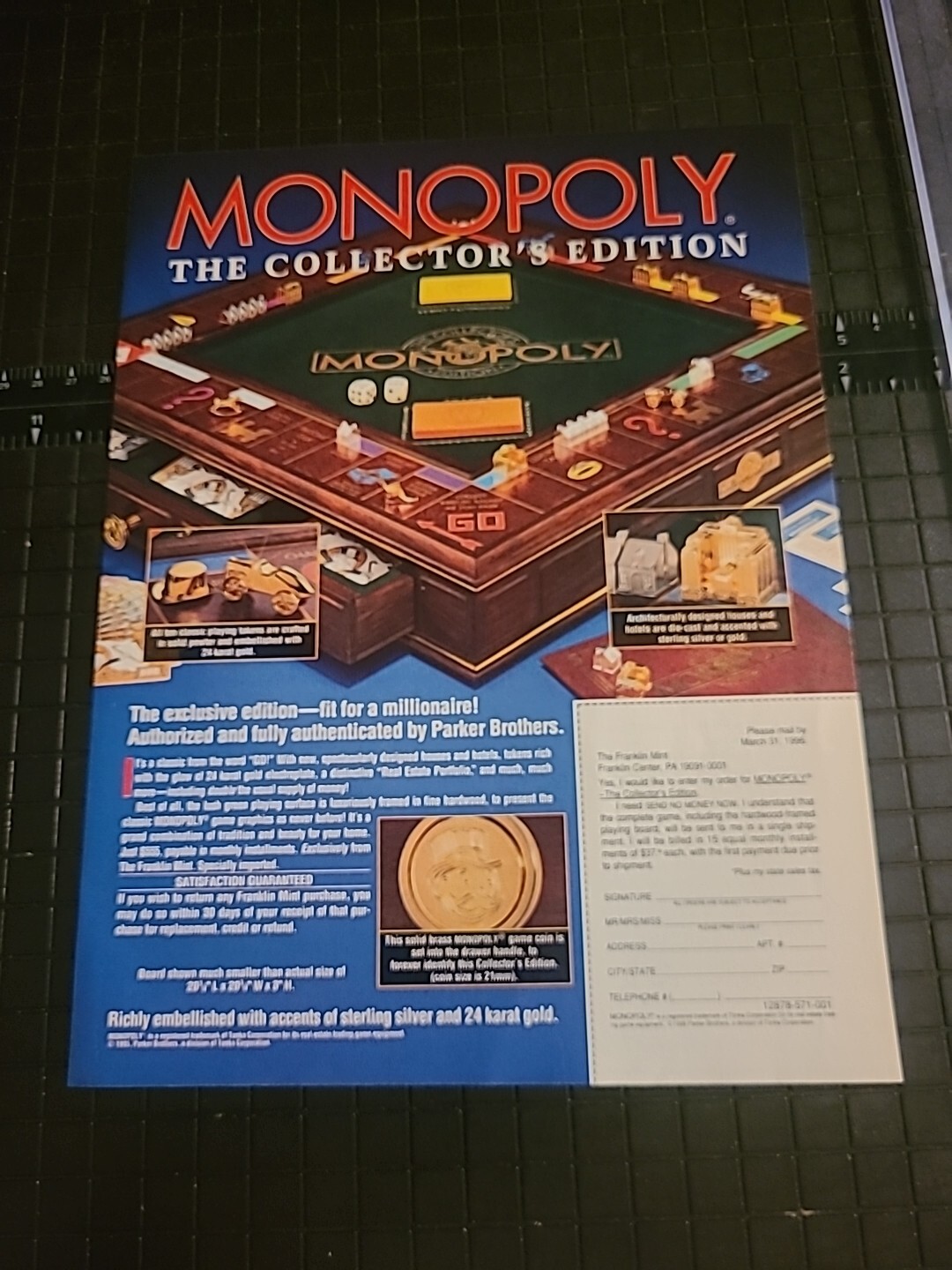 Monopoly The Collector\'s Edition Franklin Mint Print Ad 1996 8x11 
