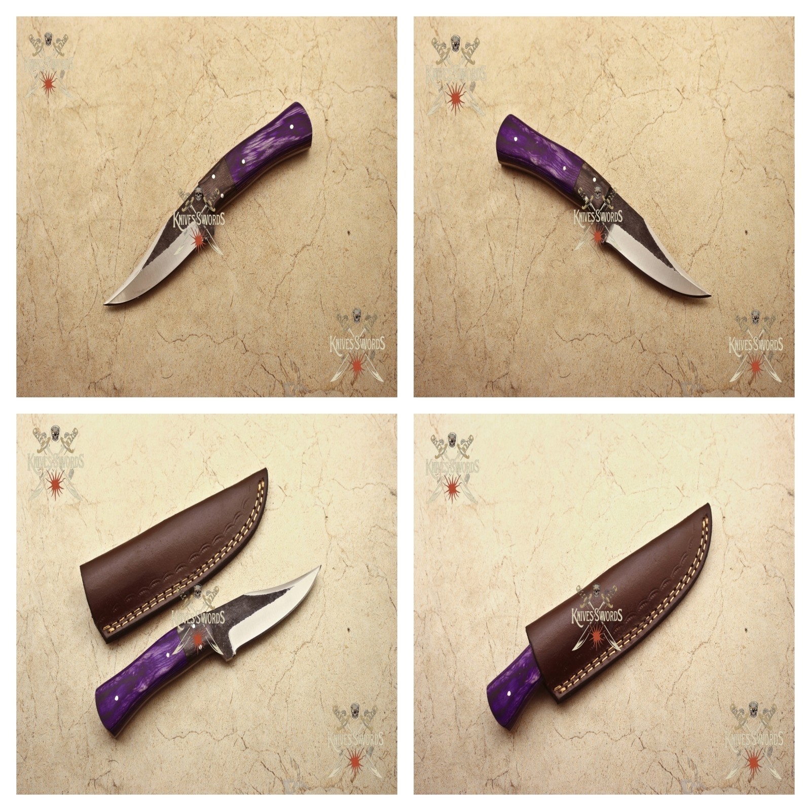 Handmade Damascus Steel Skinner Knife Purple Wood Handle Leather Sheath