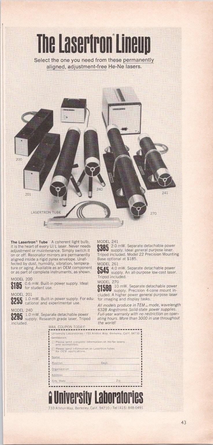 University Laboratories Lasertron He-Ne Lasers Vintage Magazine Ad 1960s