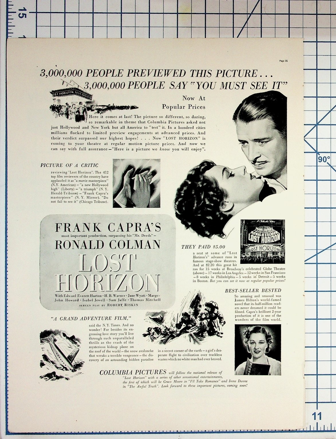 1937 Lost Horizon Movie Ad Frank Capra Ronald Colman Vintage Film Ephemera
