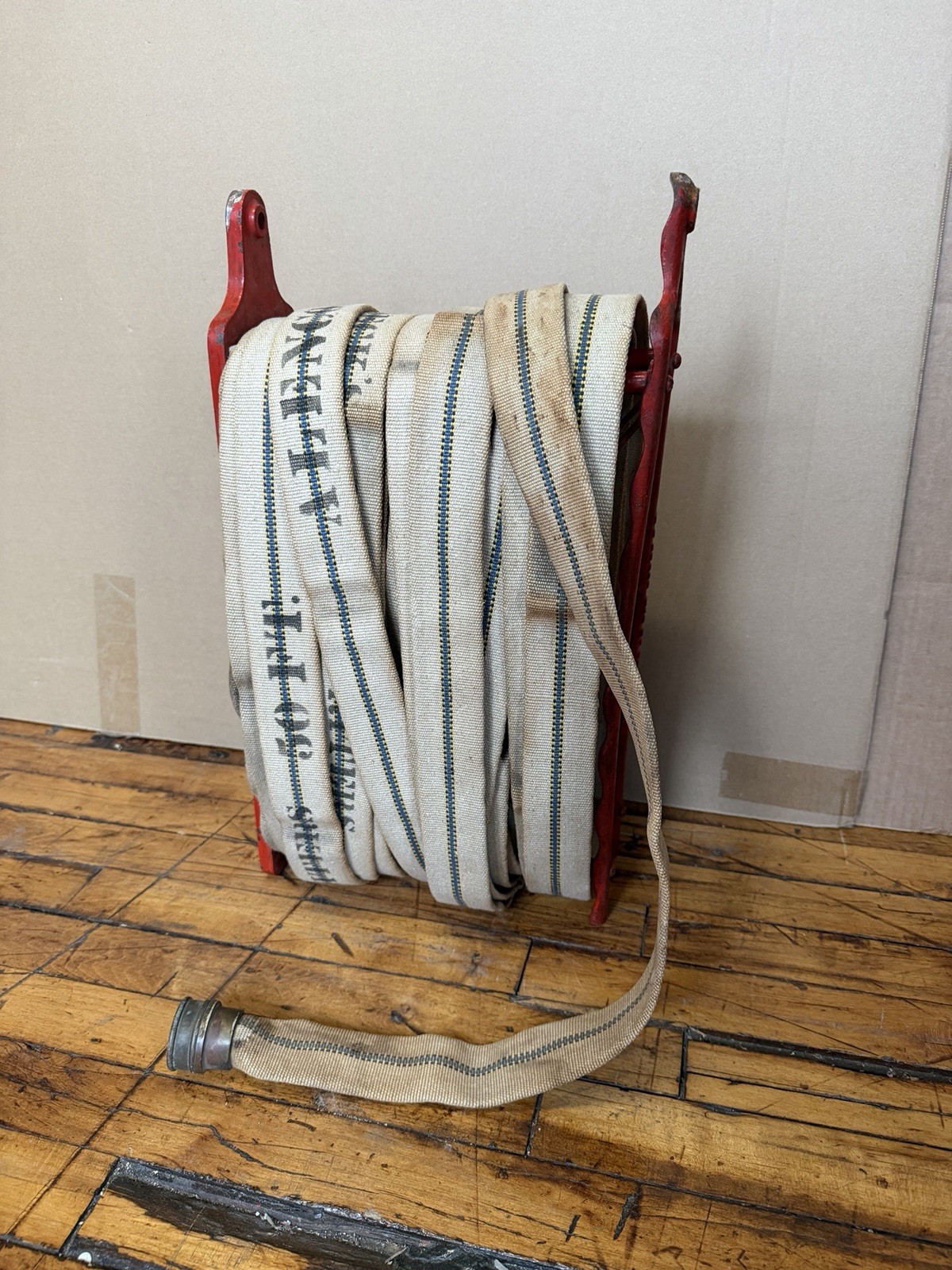 Antique 1909 W.D. Allen Fire Hose Rack Chicago w/ Original Hose Industrial USA