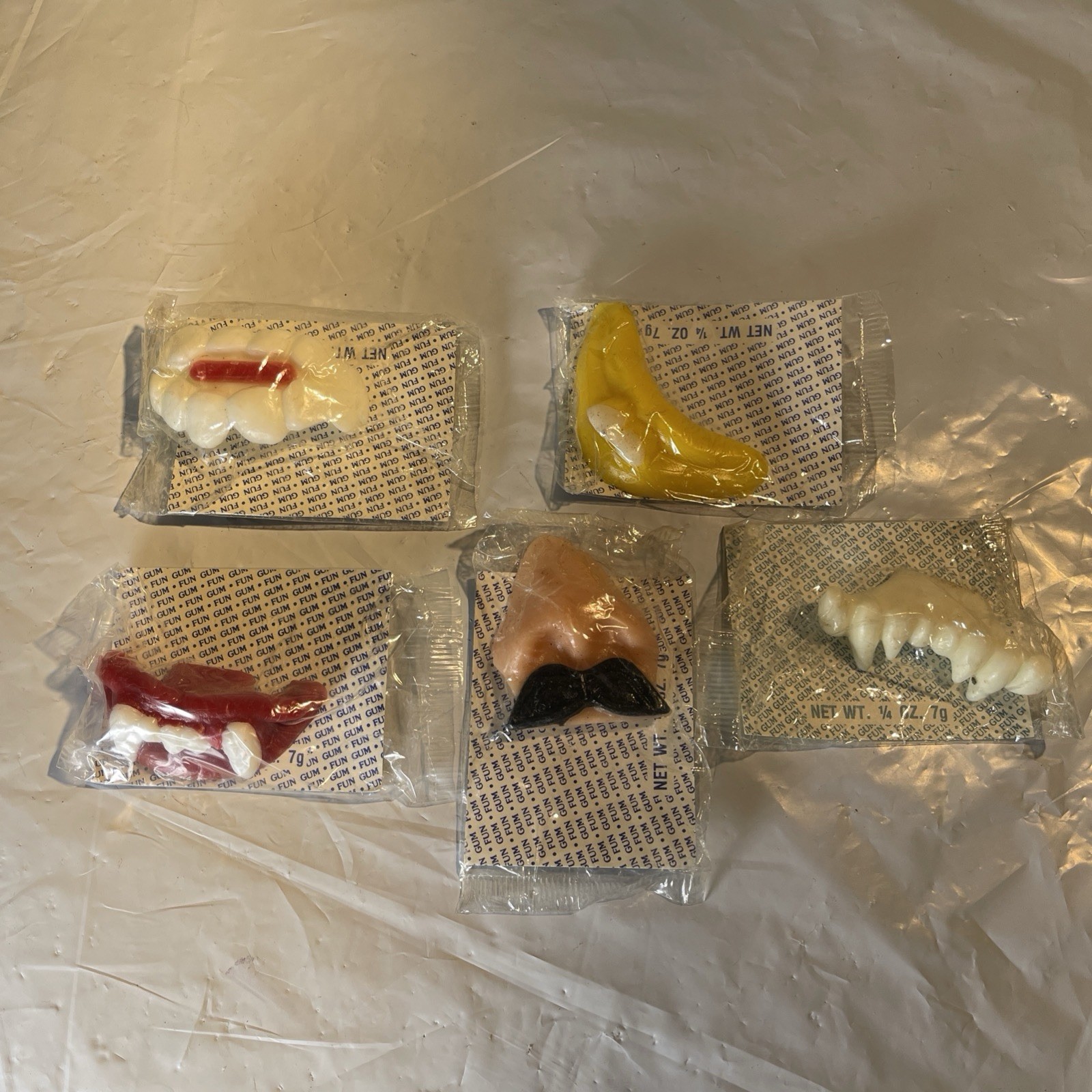 5 Vintage sealed NOS Packs Glenn Candies Wax Fun Gum. Teeth, Mustache. Uncommon