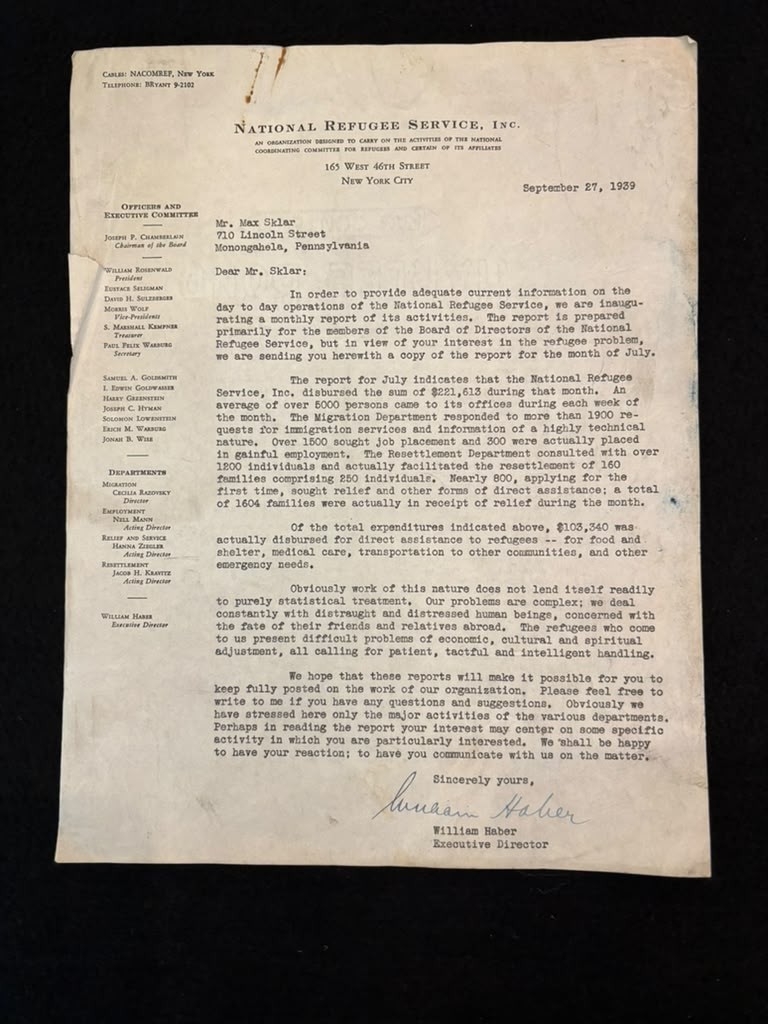 RARE 1939 WWII Jewish Refugee Document - National Refugee Service Letter/Report