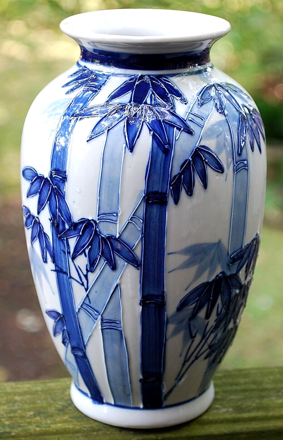 Vtg Chinese Porcelain Vase HAND PAINTED RAISED EDGE BAMBOO Blue White Signed