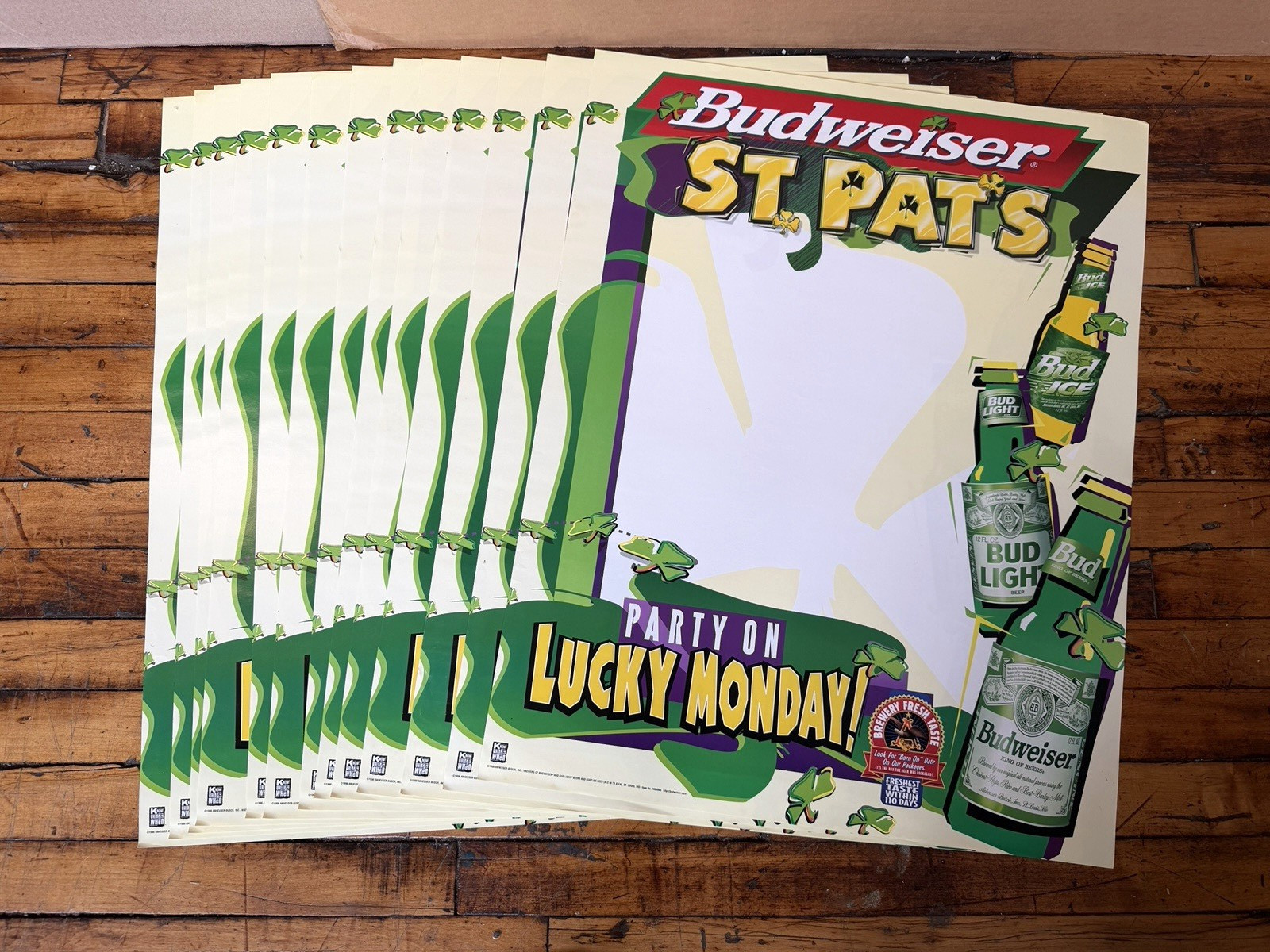 Vintage 90\'s Budweiser Beer St Patrick\'s Day Lucky Monday Poster Lot 28x20 Size
