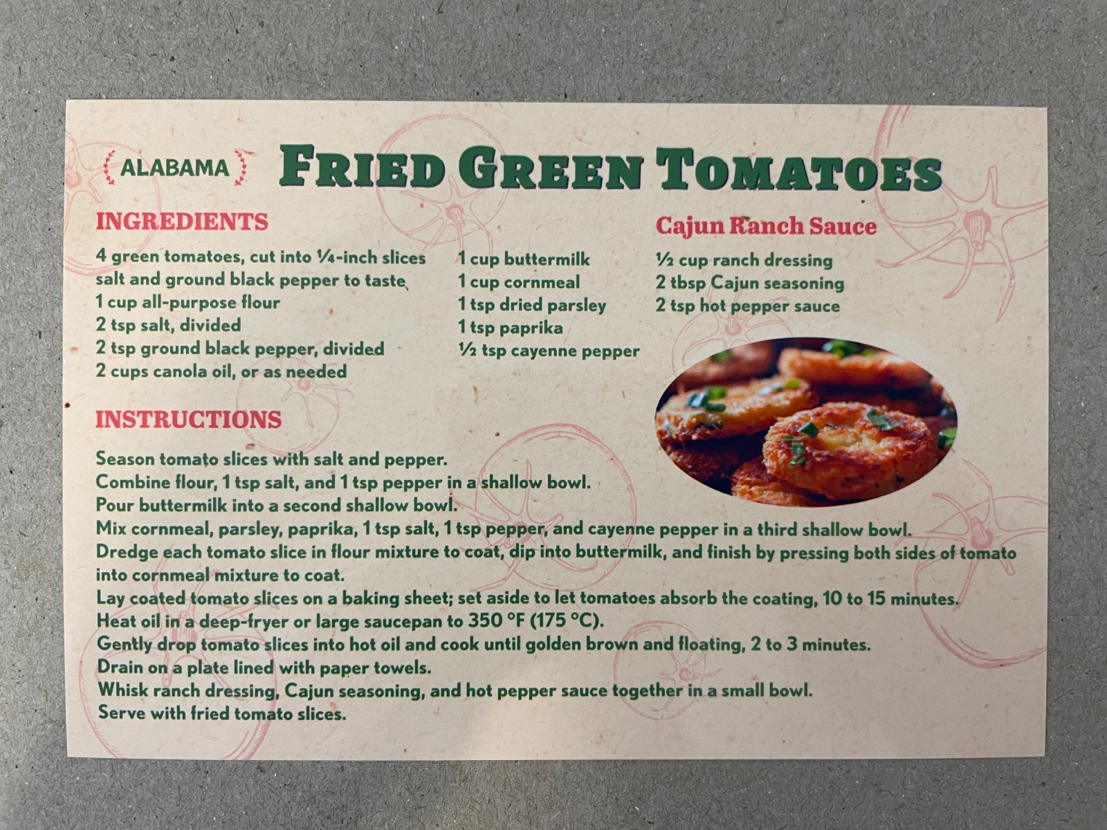 New postcard 4x6 Fried Green Tomatoes Recipe Alabama 50 States Famous Recipe Ser