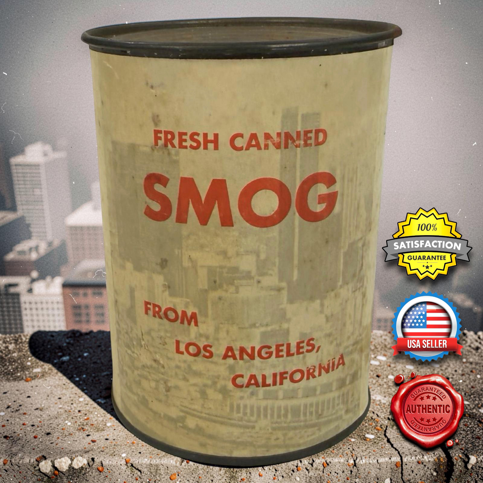 Vintage 1950s Los Angeles Fresh Canned Smog Gag Gift Novelty Tin Can Souvenir