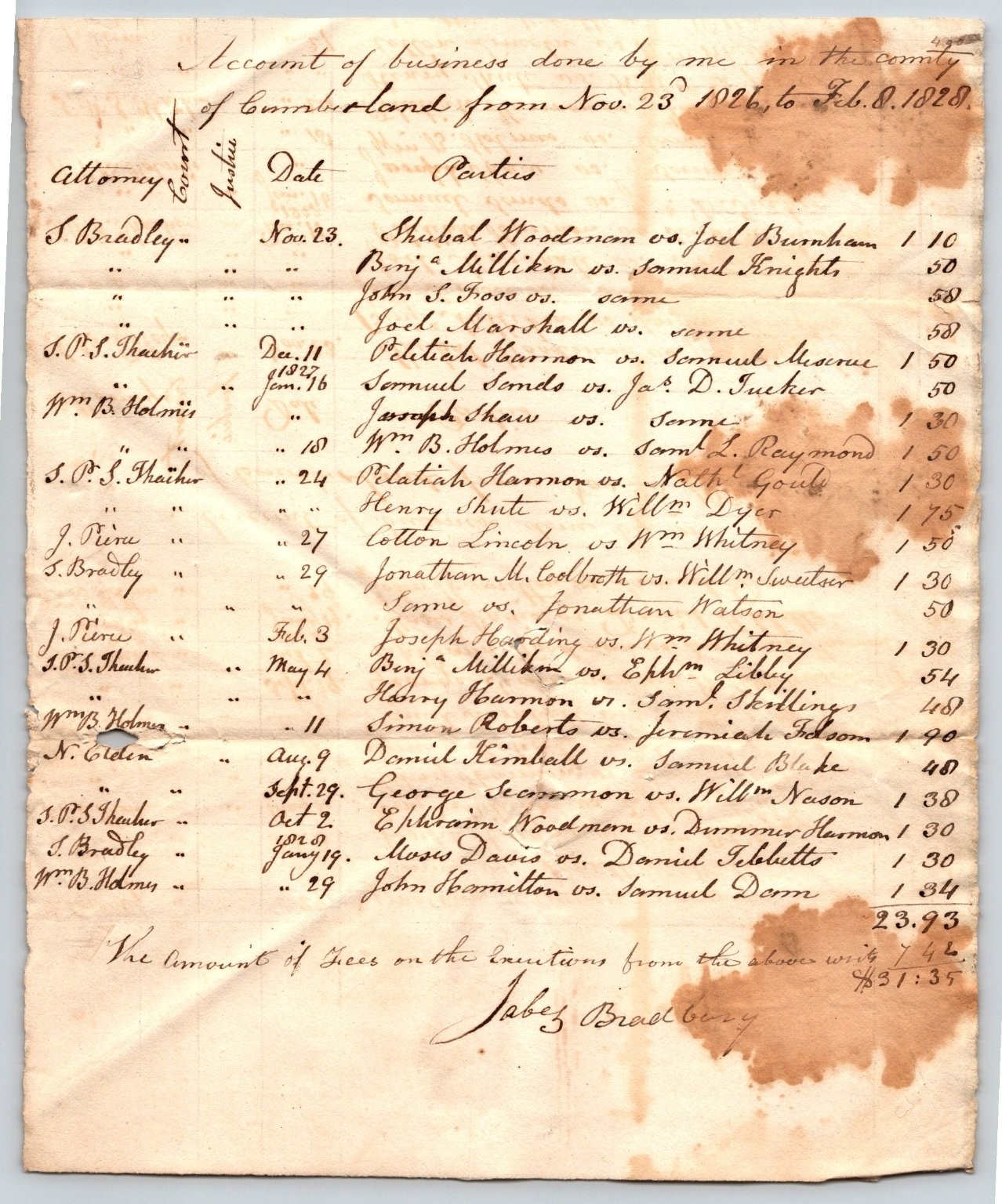 1826-1828 Cumberland County Maine Legal Business Account Document Ephemera