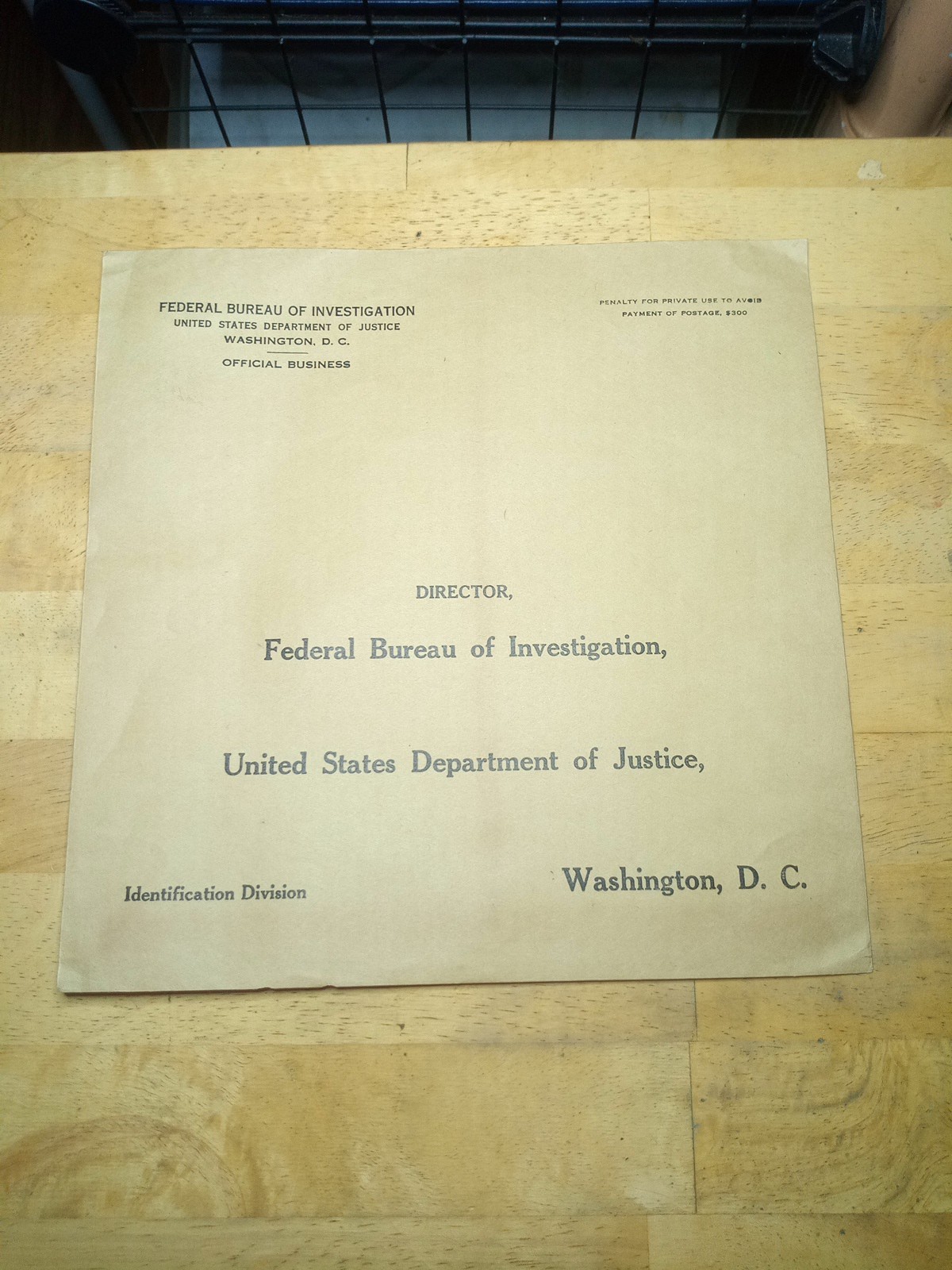 FBI Washington DC Vtg Federal Government Envelope IDENTIFICATION DIVISION 1950s