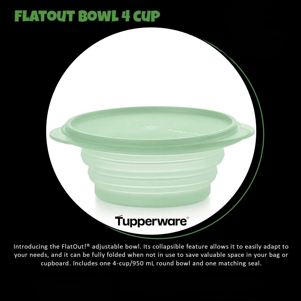 Tupperware Flat Out Flatout Bowl & Liquid Tight Seal 4 Cups Mint Green New