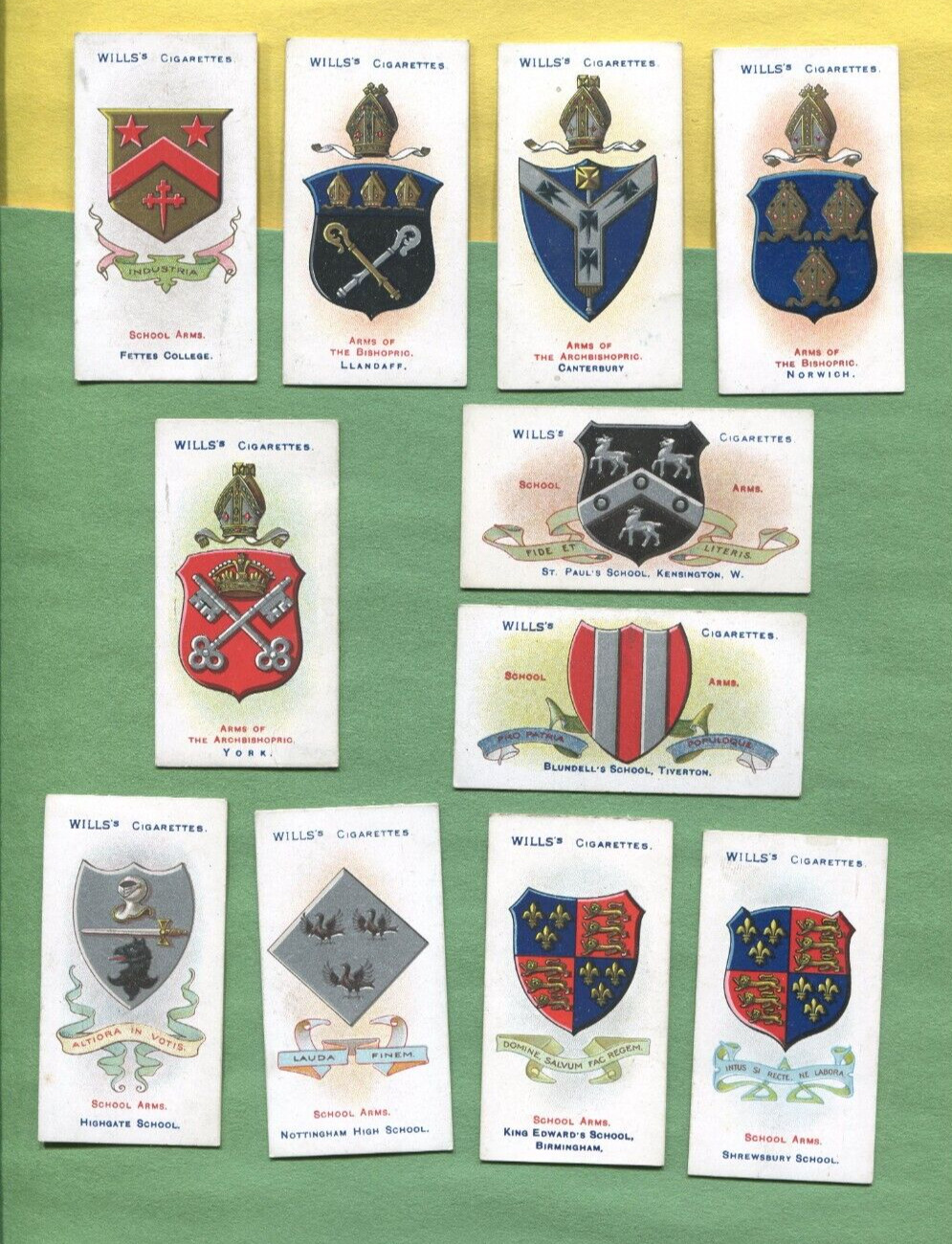1906 W.O. & H.O. WILLS SCHOOL ARMS 50 DIFFERENT TOBACCO CARD SET