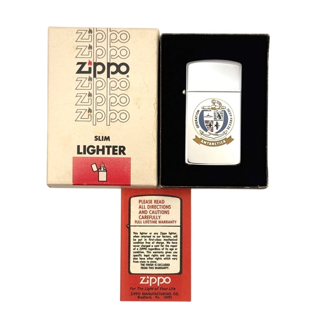 1982 Zippo Slim Operation Deep Freeze Antarctica USARP Two-Sided Lighter Box