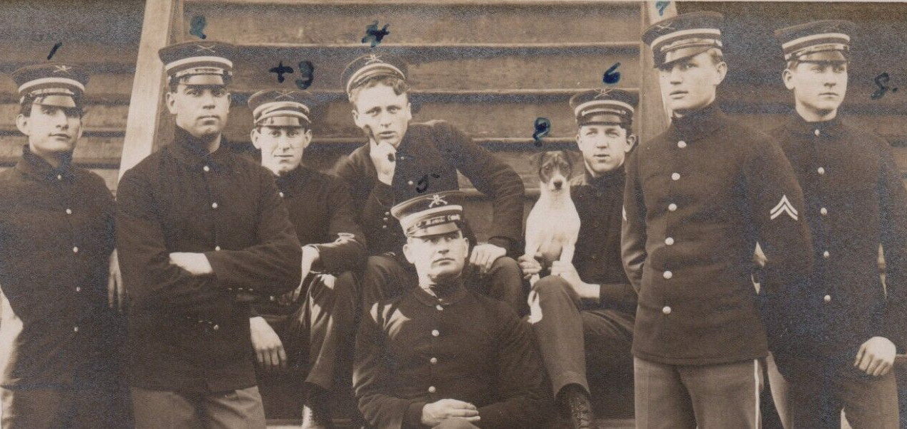 Mascot Terrier Dog & 8 Military Men Navy Army Soldiers Portrait RPPC Postcard