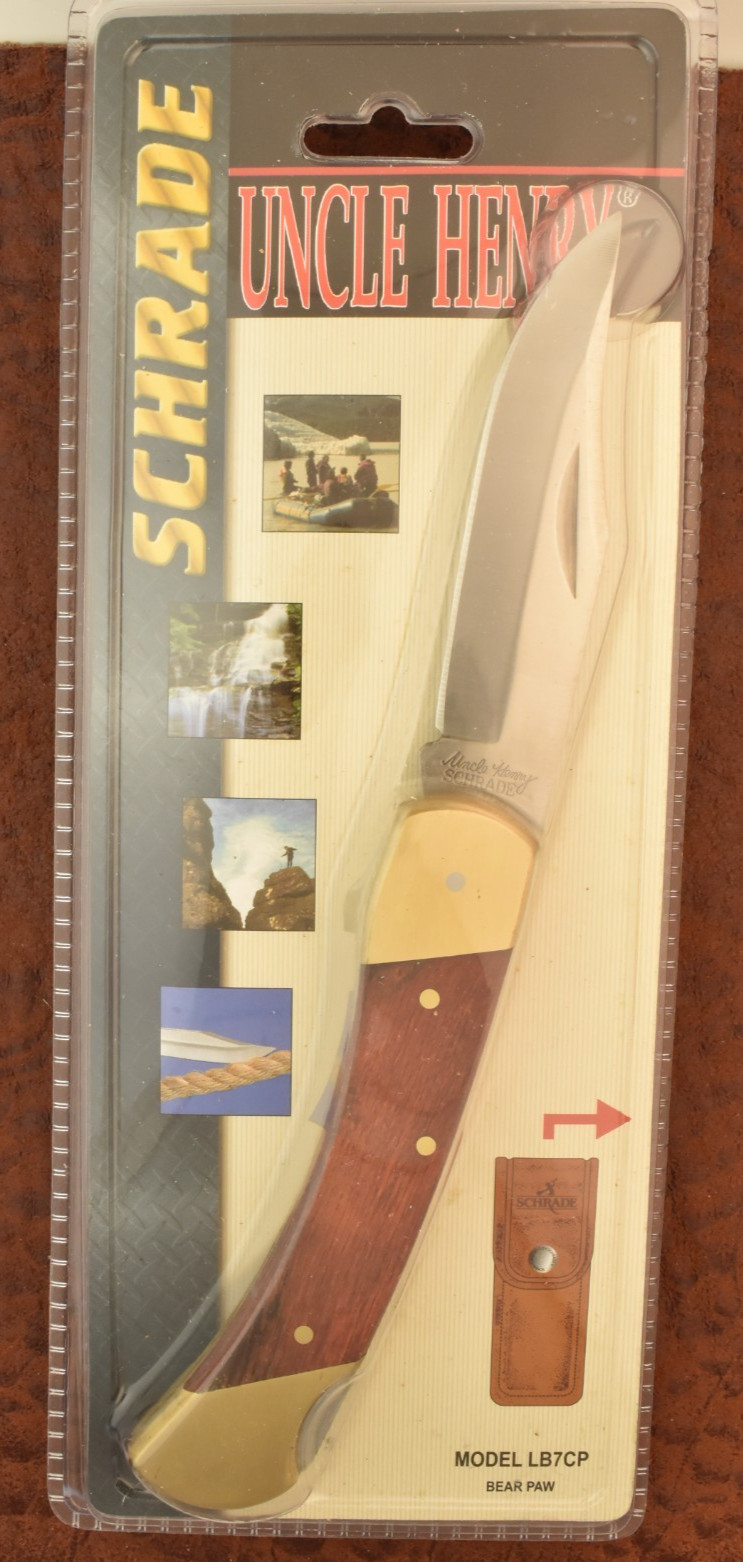 SCHRADE UNCLE HENRY SMOOTH WOOD JUMBO LOCKBACK KNIFE LB7 W/SHEATH HANG PACKAGE