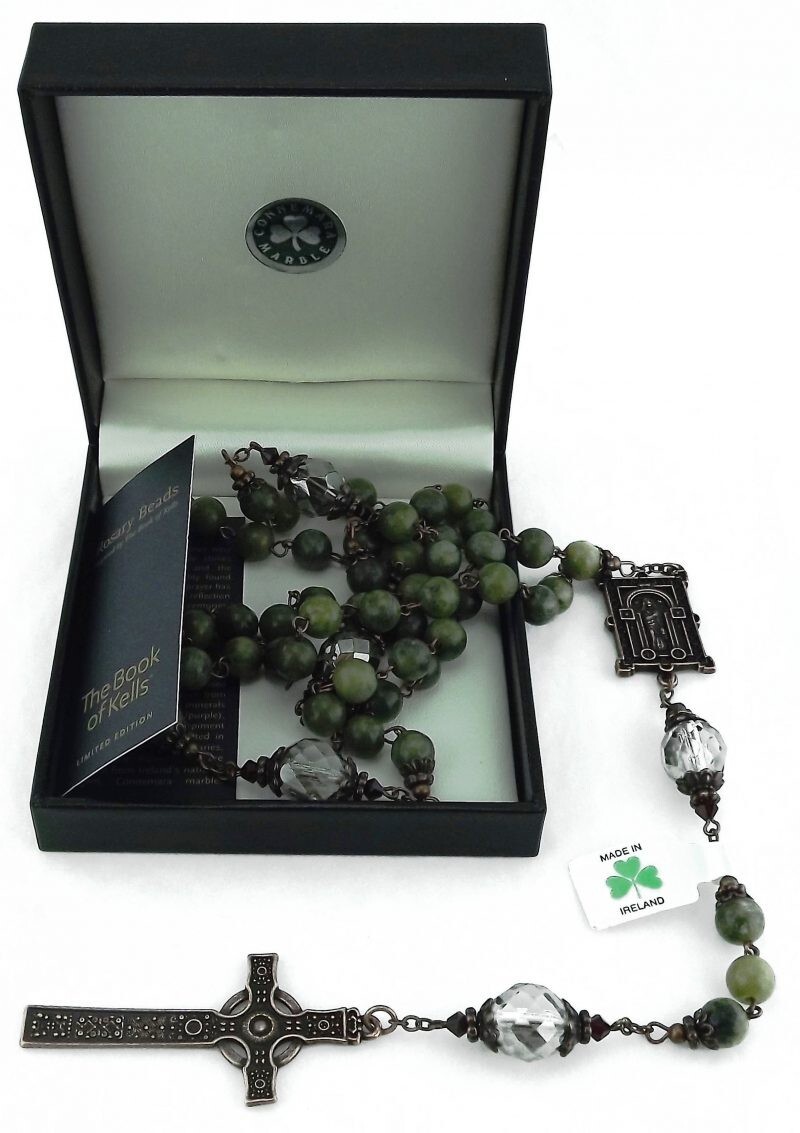 J.C. WALSH & SONS BOOK OF KELLS CONNEMARA MARBLE AND COPPER FINISH ROSARY W71327