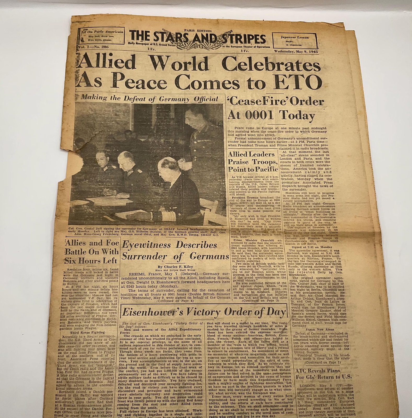 V-E Day WWII May 9 1945 Stars And Stripes Newspaper Peace Comes To ETO