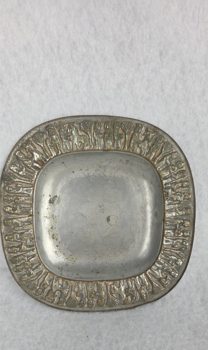 Vtg Margit Tevan Hungarian Silversmith Brutalist Figural Metal Dish Signed 6