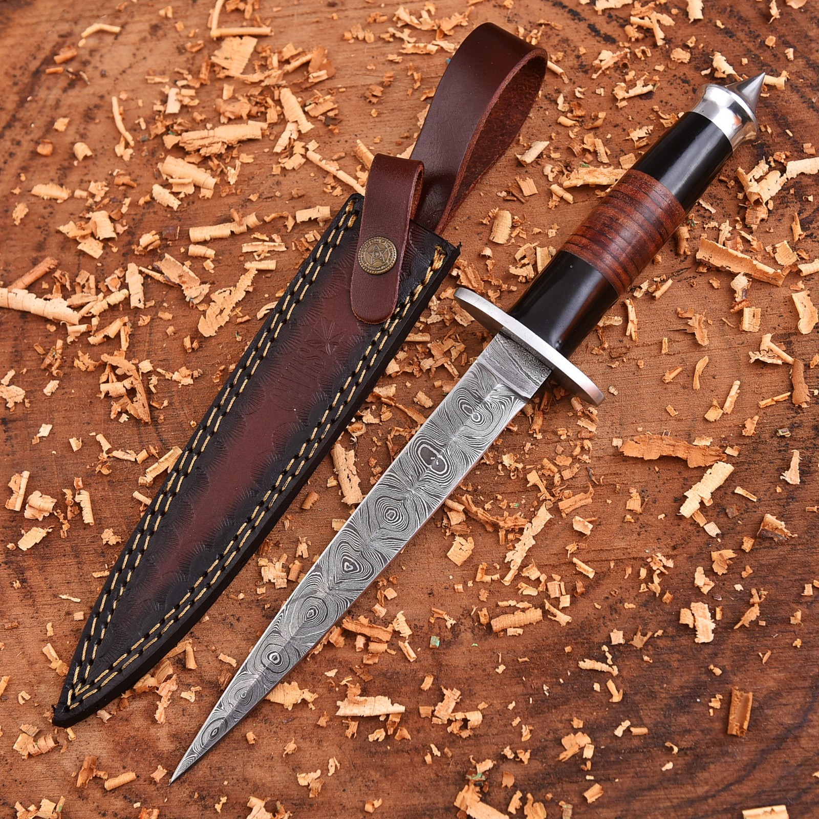 Vintage WW2 Double-Edged Damascus V42 Military Stiletto Dagger Knife W/Sheath