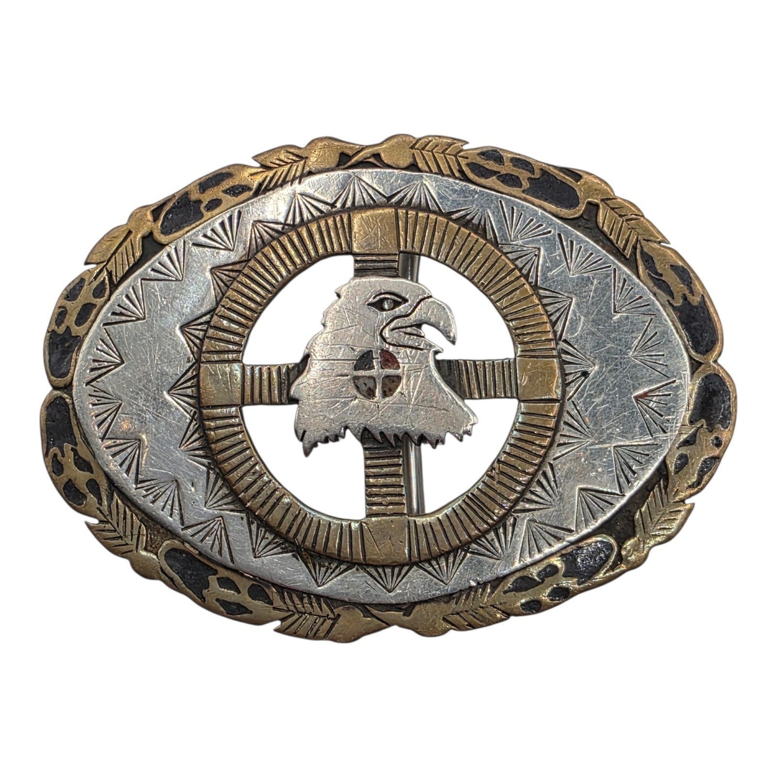 Vintage Southwestern Eagle Overlay Belt Buckle Mixed Metal Inlay
