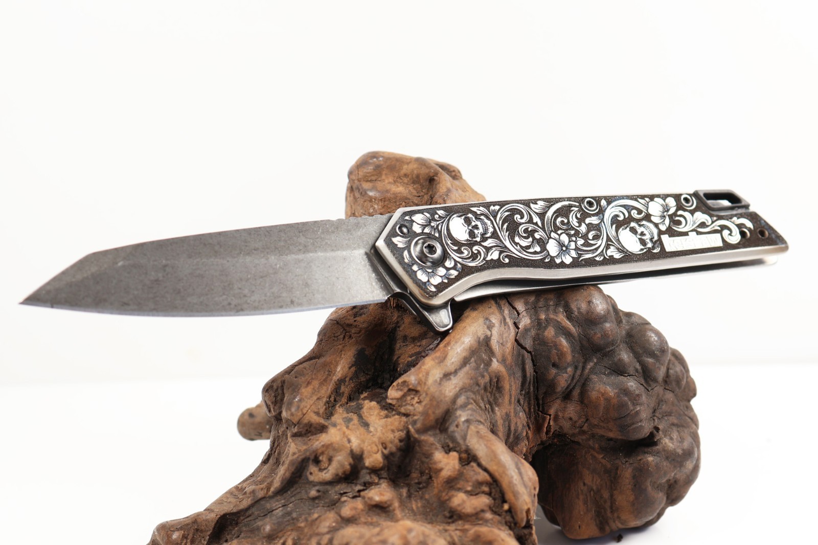 Engraved Kershaw Misdirect Folding Pocket Knife with Skulls and Western Scrolls