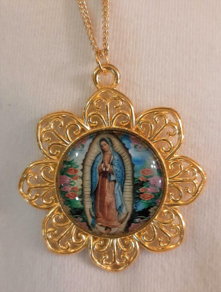 Delightful Petaled Rim Colorful Our Lady of Guadalupe Cameo Goldtone Necklace