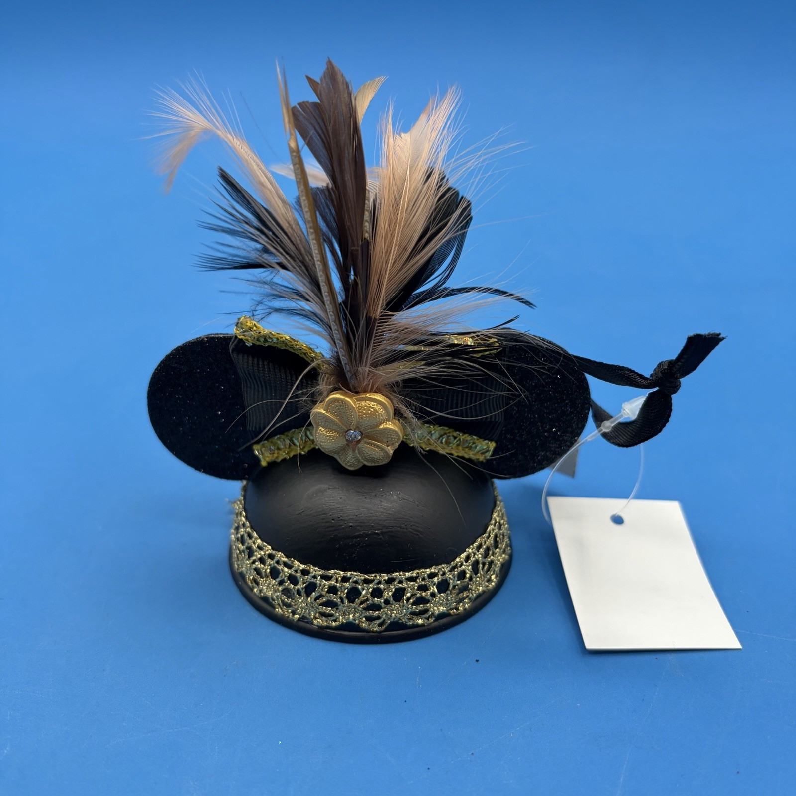 RETIRED DISNEY PARKS EAR HAT GOLD BLACK FEATHER ORNAMENT MINNIE LE