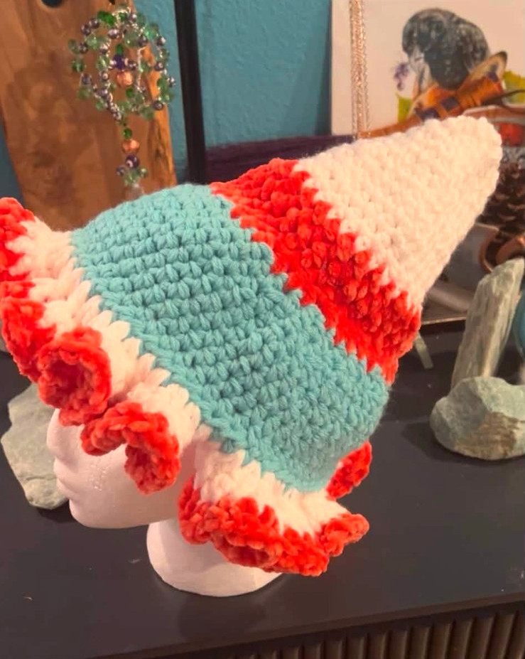 Hand Crochet Witch Made Coral White Turquoise Boho Halloween SIZE LARGE Hat