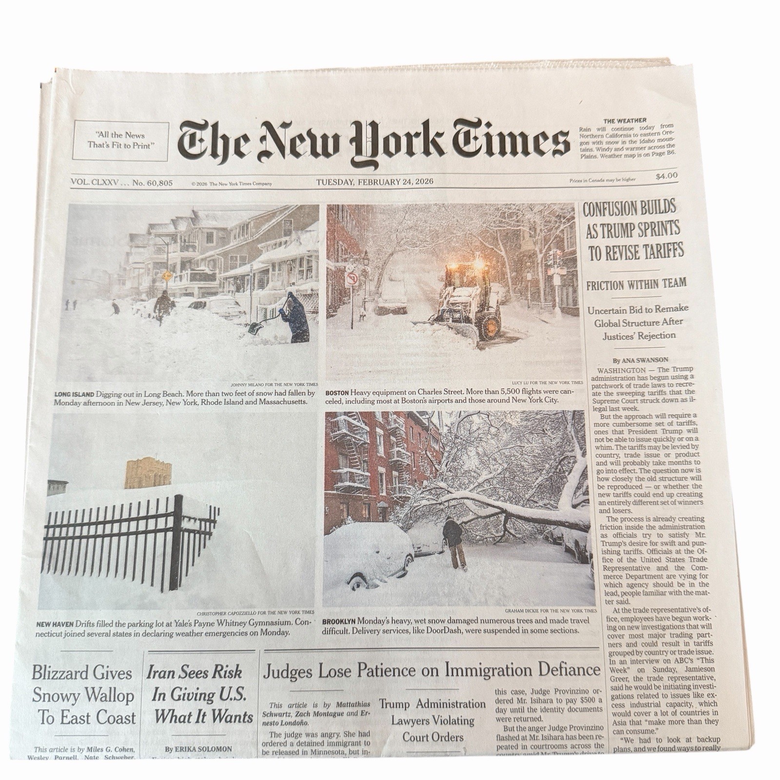 The New York Times Newspaper February 24 2026 Blizzard Snowy Wallop East Coast