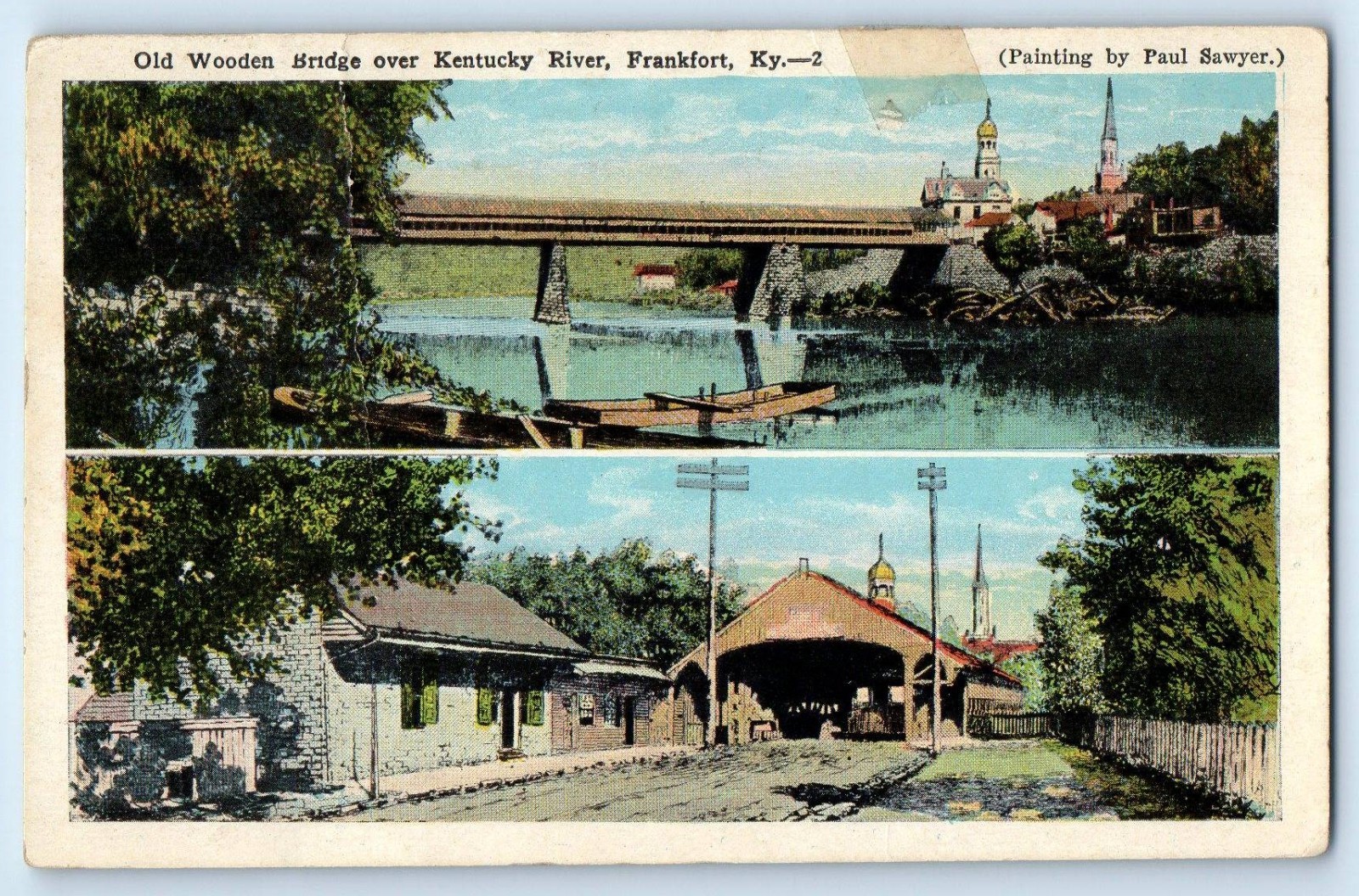 1920 Frankfort Kentucky KY Postcard Old Wooden Bridge River Dual View Unposted