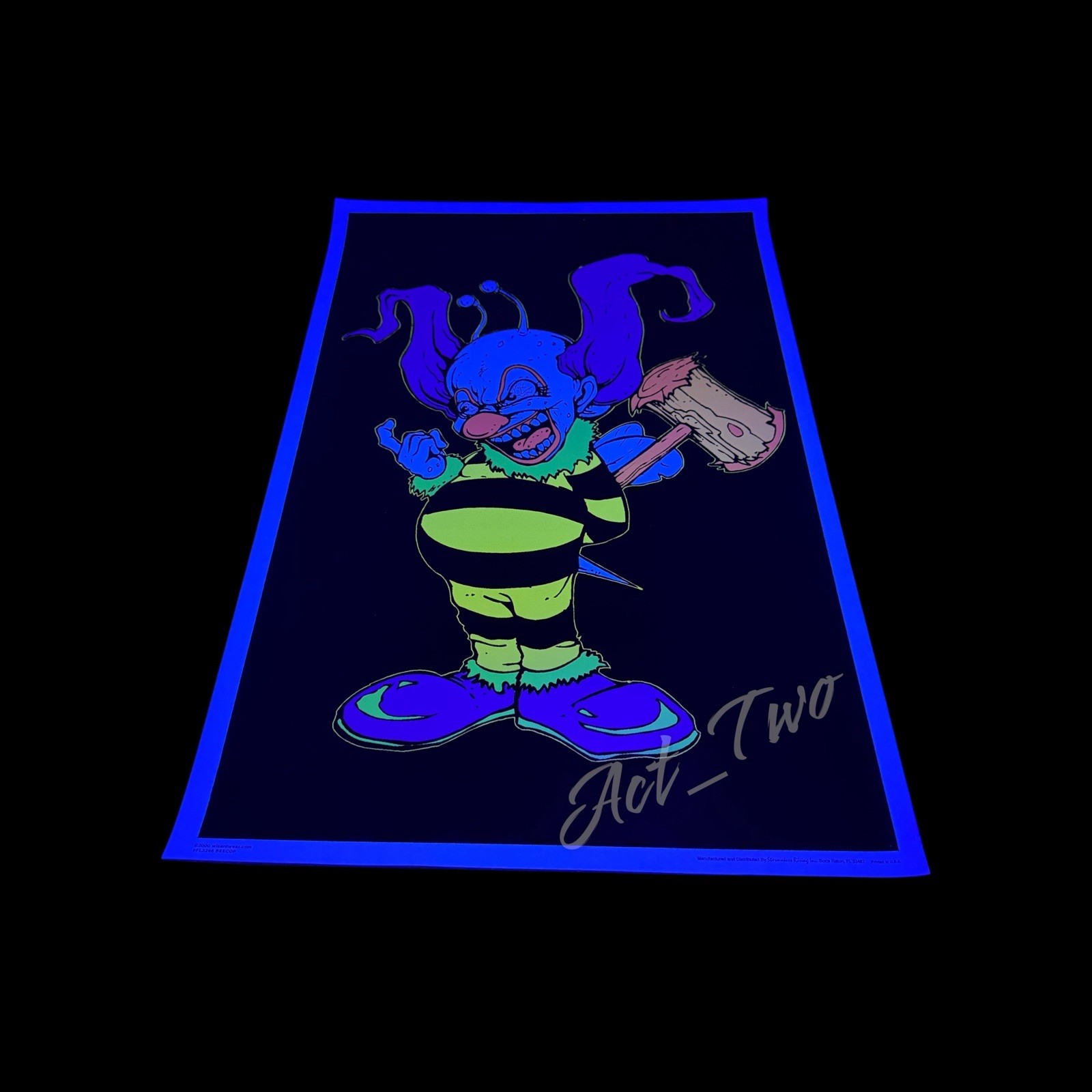 Vintage Y2K 2000 Evil Clown Beecop Fuzzy Flocked 23”x35” Blacklight Poster USA