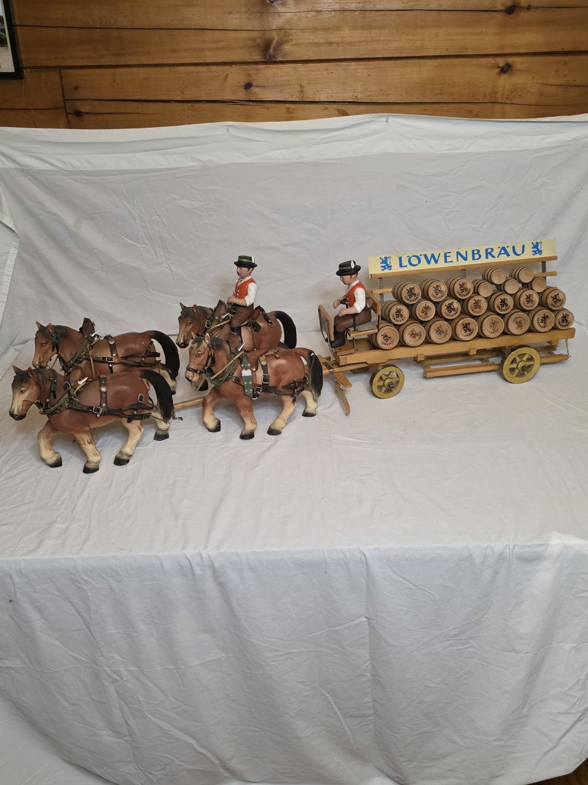 Vintage Lowenbrau Brewery Horse Wagon 4 Horse Team Beer Barrel Display Cart