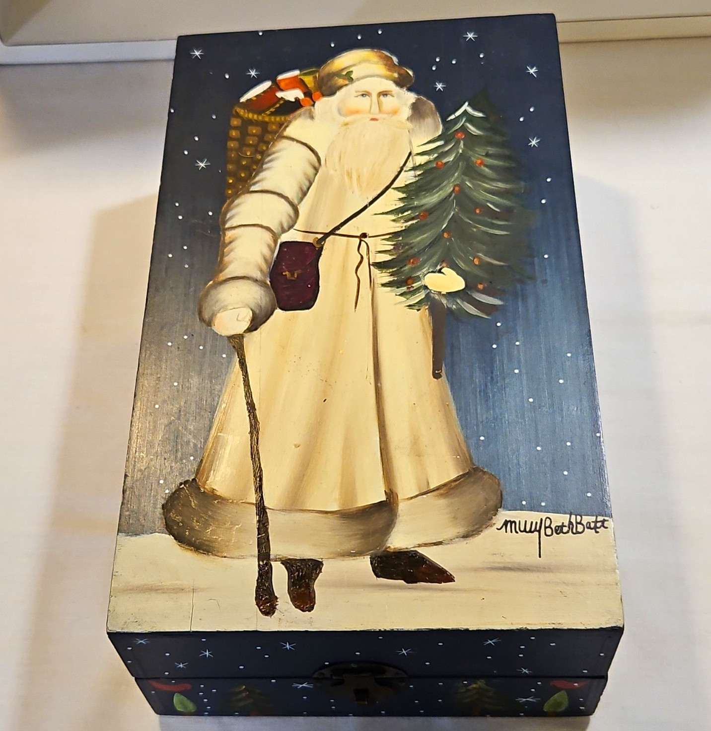 VTG Dept 56 Mary Beth Baxter Folk Art Painted Wooden Santa Trinket Box 1990 Mint