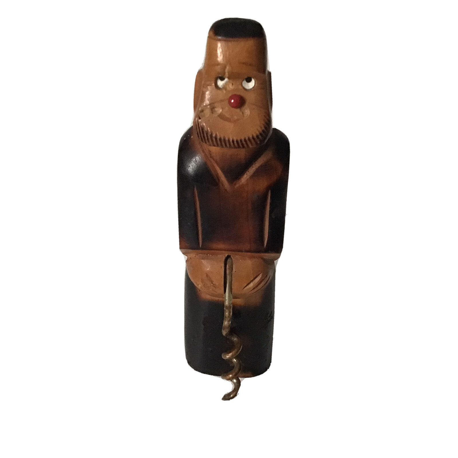 VTG Mid Century Monk Wine Bottle Opener & Cork Screw Wood Carve Risky Bar ware