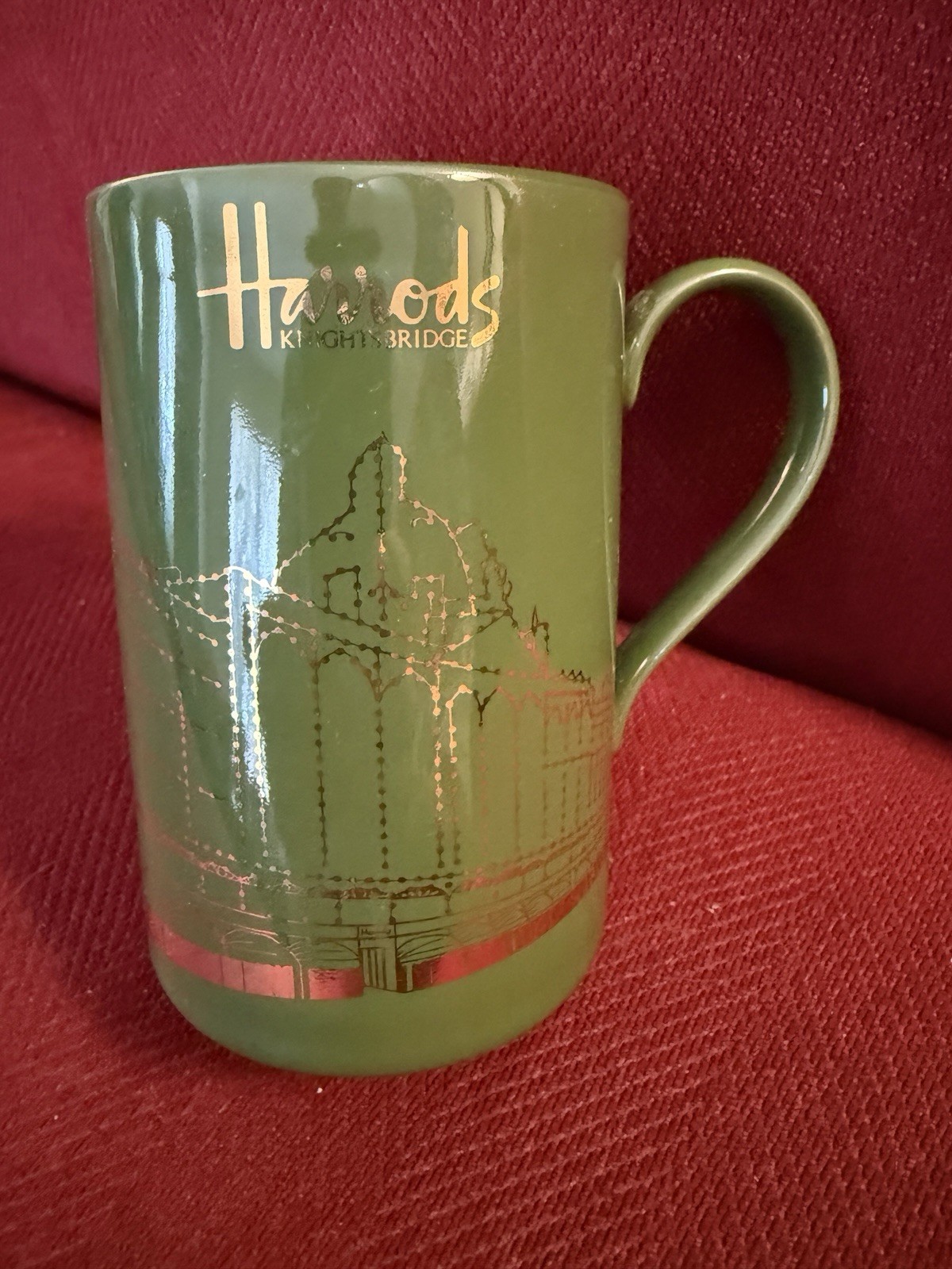 Harrods Knightsbridge Green & Gold Fine Stneware Coffee Mug Cup Made In Scotland