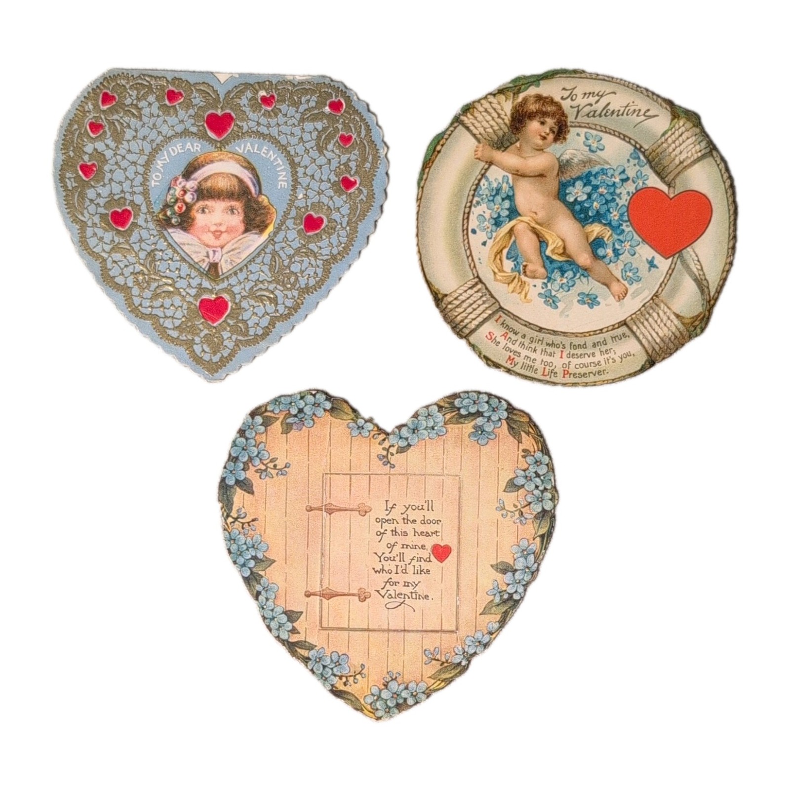 Lot of 3 1905-1920 Vintage Valentine’s Day Cards Heart-Shaped Die-Cut Lace Cupid
