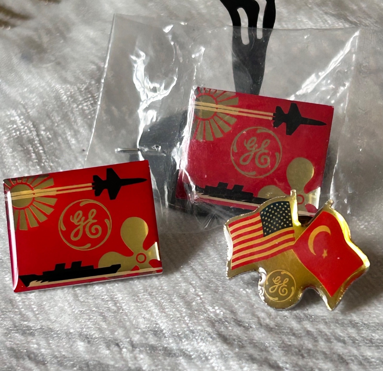 vtg general electric logo hat lapel pins lot of 3 turkey friendship jet ship