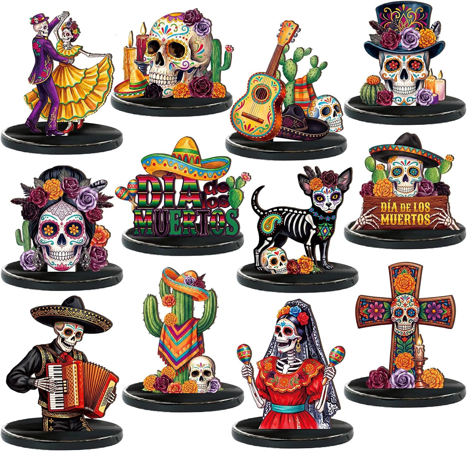 12 Pcs Day of the Dead Table Decor Skull Wooden Tiered Tray Decor Dia De Muertos