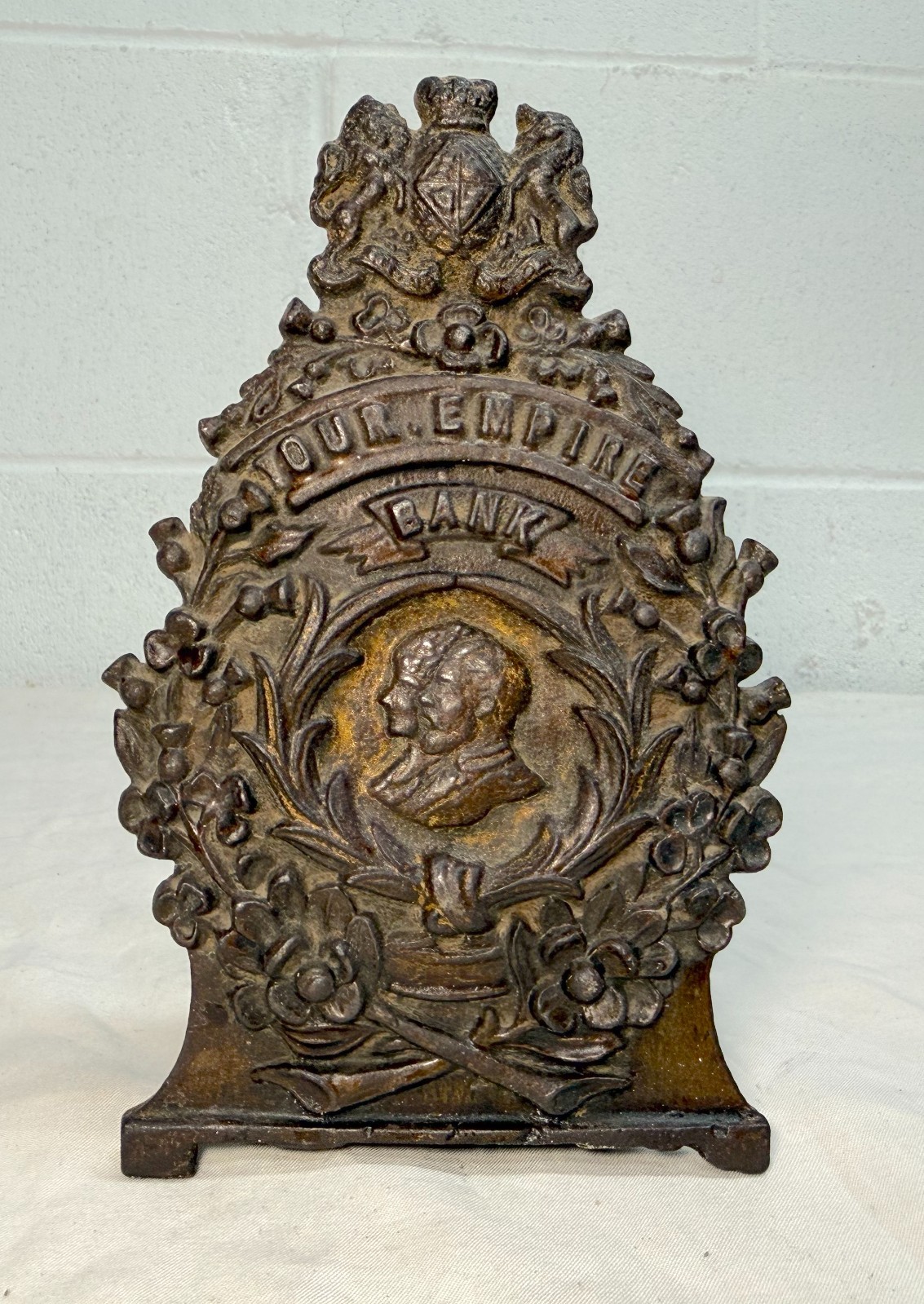 Rare antique King George V & Queen Mary Our Empire Coronation Cast Iron Bank
