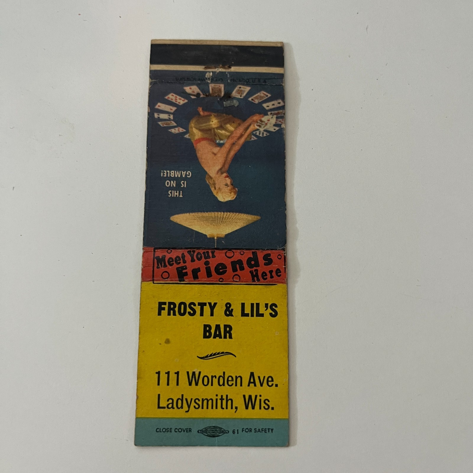 Frosty & Lil's Bar Worden Ave Ladysmith WI Vintage Pinup Matchbook Cover TMB41-2