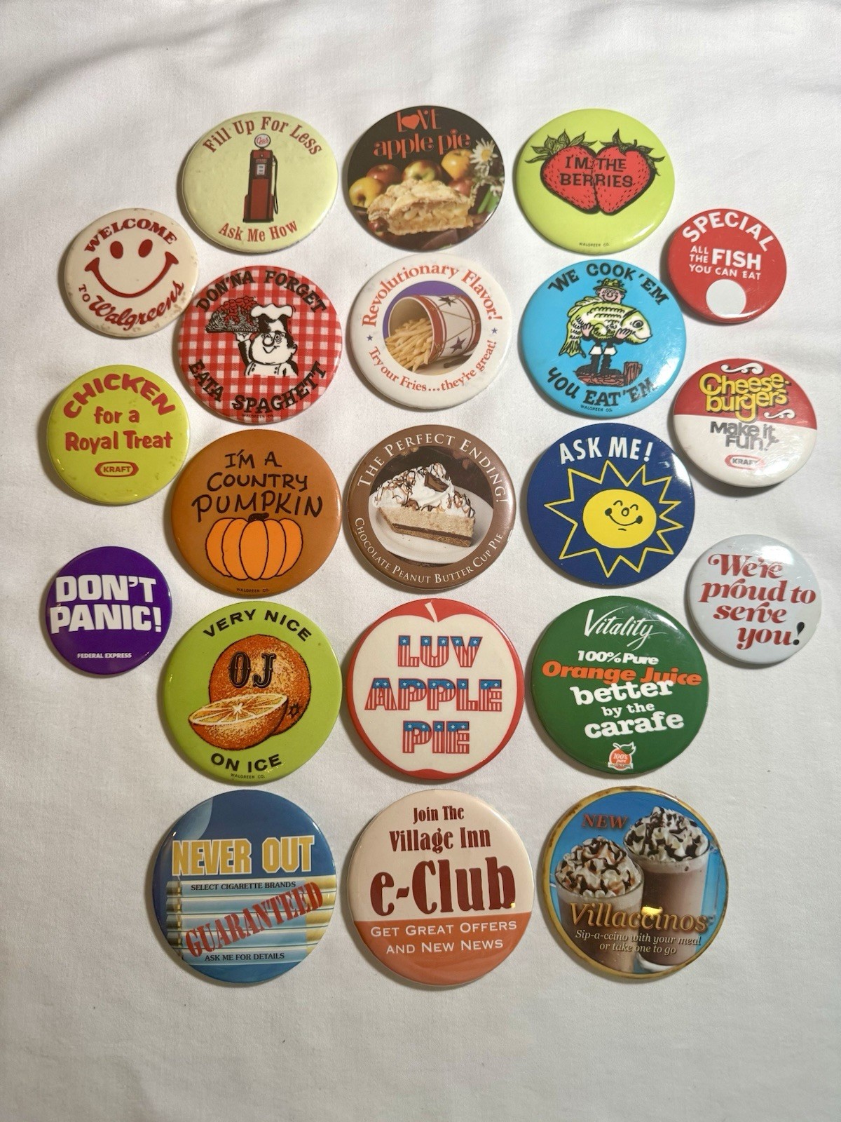 Vintage Lot 21 pc Advertising Button Pinback Walgreens Kraft Village Inn Food OJ