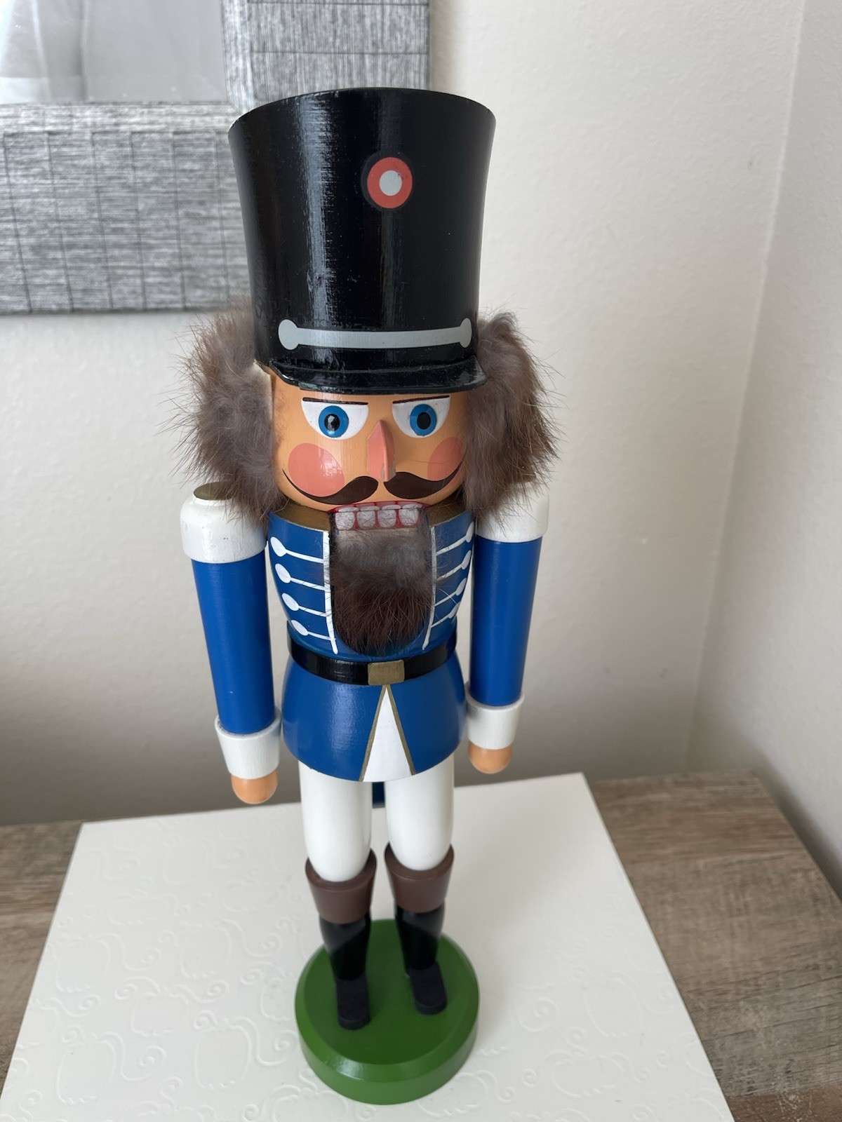 Erzgebirgische Volkskunst German Wooden Nutcracker Soldier Blue 15” Vintage