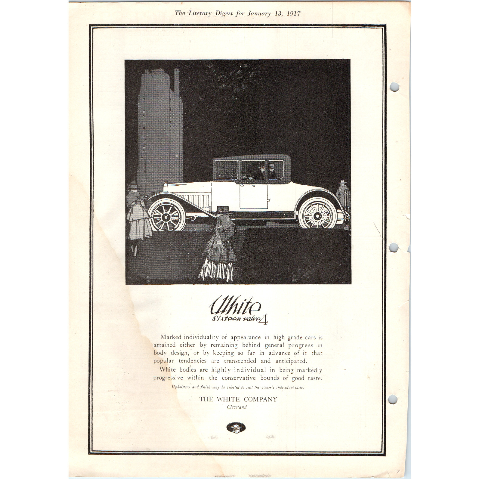 1917 White Sixteen Valve 4 Antique Automobile Cleveland Vintage Print Ad Stained