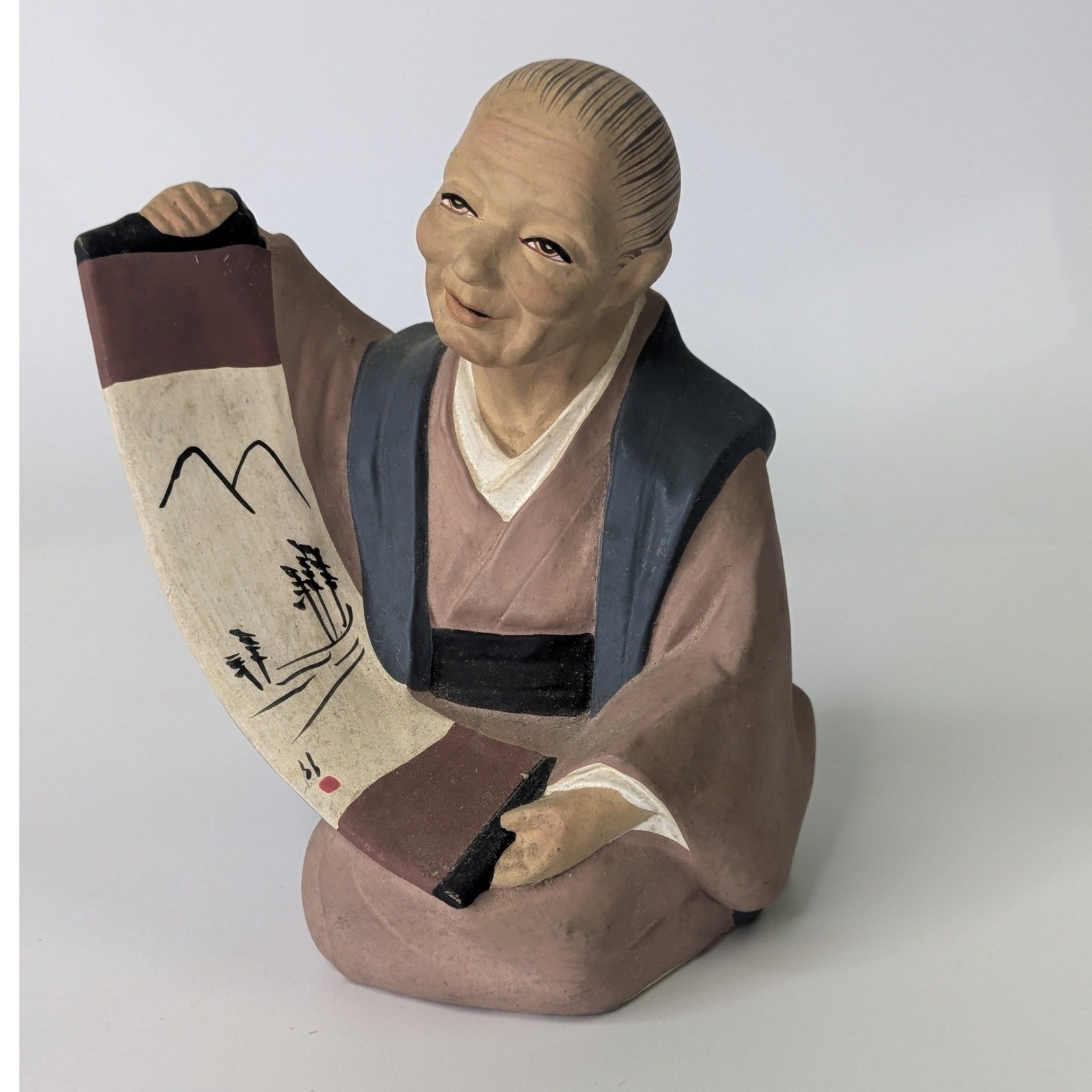 Vintage Hakata Urasaki Japanese Clay Figurine Old Woman with Scroll Hand Painted