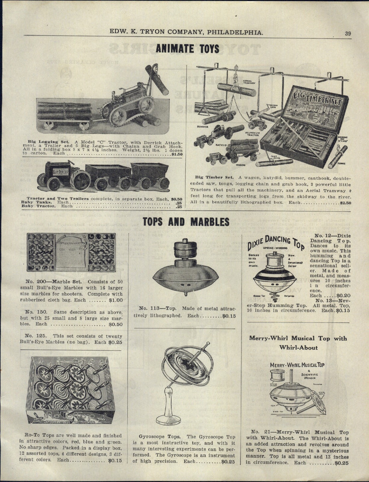 1931 PAPER AD Toy Animate Toys Big Logging Tractor Bull\'s Eye Marbles