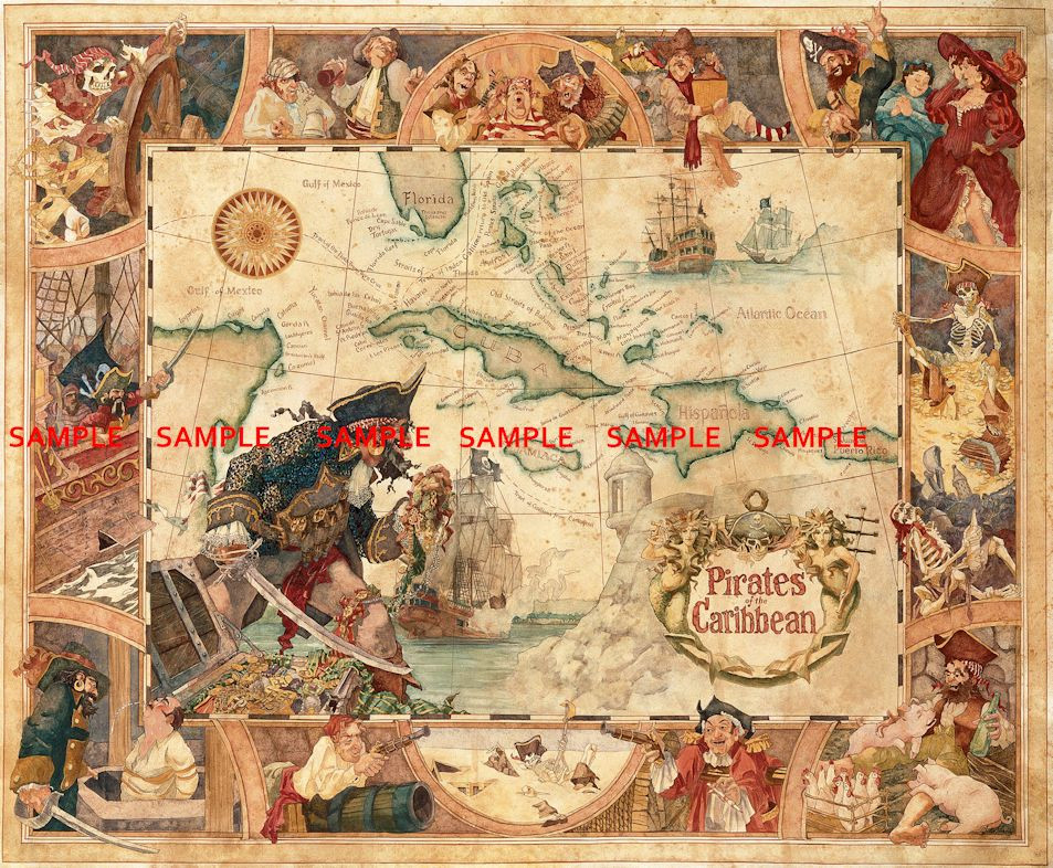 1997 Disney Pirates Of The Caribbean  Attraction Map 11 x 13.5