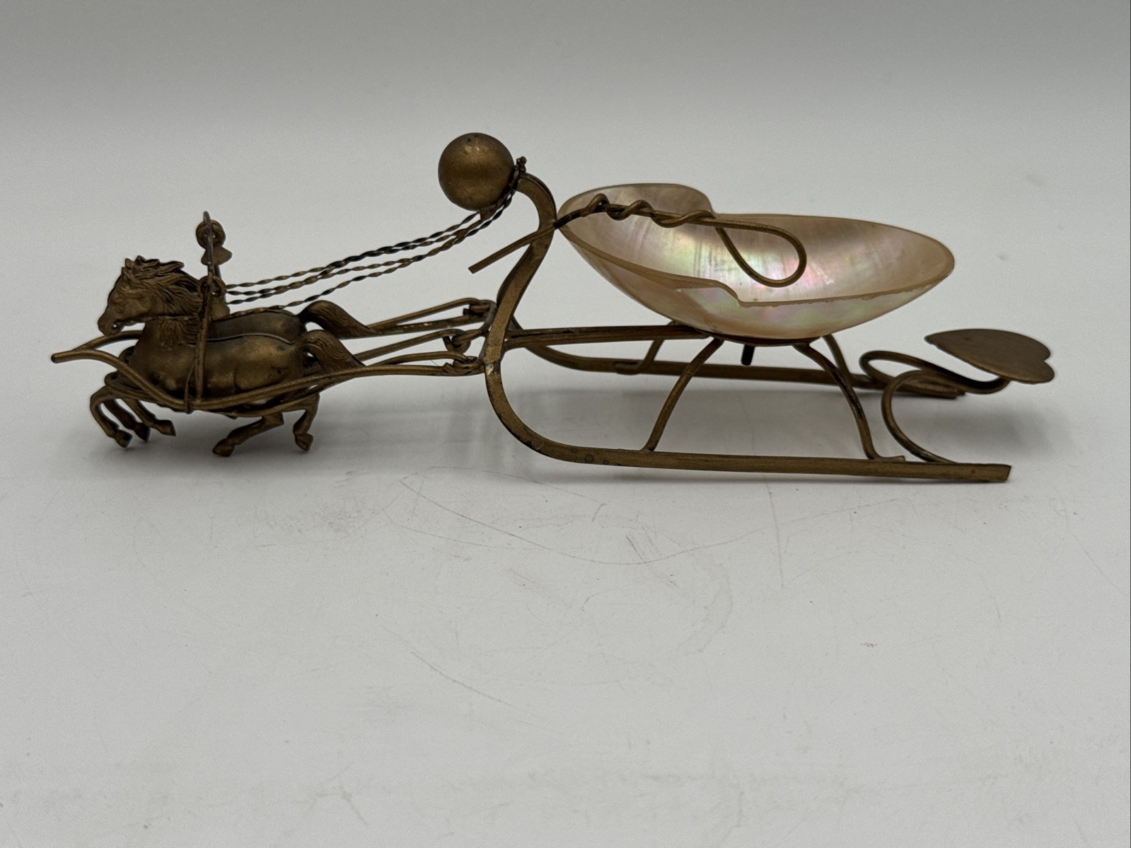 Antique French Palais Royal Mother of Pearl Half Shell Sled Pulled By Horses