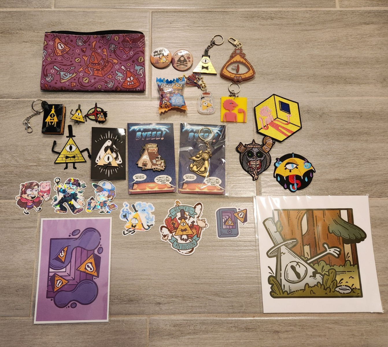 Gravity Falls Bill Cipher Merch Lot - Enamel Pins Keychains Patches Pouch Prints